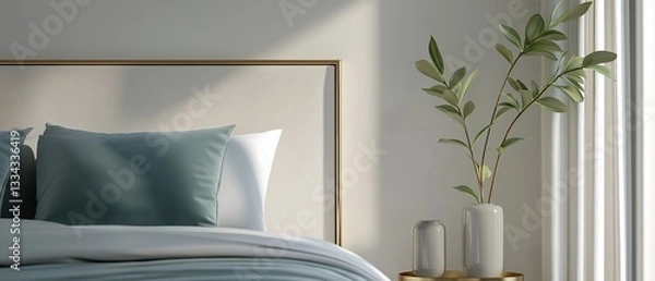 Fototapeta Modern bedroom with a large window on the right side. the window has white vertical blinds that are open, allowing natural light to enter the room.