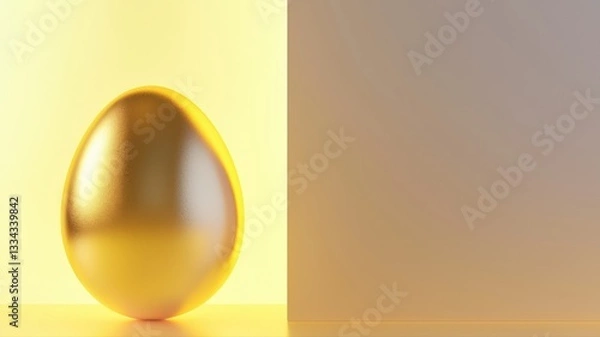 Fototapeta Whimsical 3D render of a softly glowing golden egg beside a blank banner, ideal for customizable messages in luxury Easter designs, celebrations, or festive promotions.