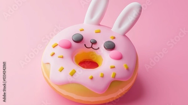 Fototapeta A whimsical 3D render of a pastel-colored donut shaped like a bunny face, adorned with colorful icing and cute features, creating a fun and delightful treat perfect for Easter celebrations