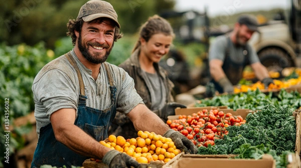 Fototapeta From Our Farm to Your Table Fresh, Organic Tomatoes and Vegetables - A Celebration of Local, Sustainable Farming and the Abundant Harvest Joy of Happy, Smiling Farmers
