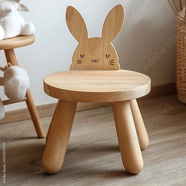 Obraz Adorable wooden bunny chair for kids room decor, perfect furniture for toddlers and children adding a whimsical touch to nursery and play area, simple and charming design