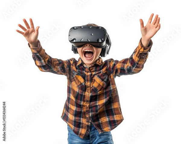 Obraz child wearing VR headset with excited expression, arms raised in joy. scene captures thrill of virtual reality experiences