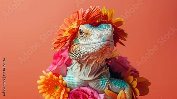 Fototapeta A vibrant close-up portrait of a chameleon lizard, its textured skin adorned with a crown of colorful gerbera daisies and pink roses, all set against a solid orange studio background.