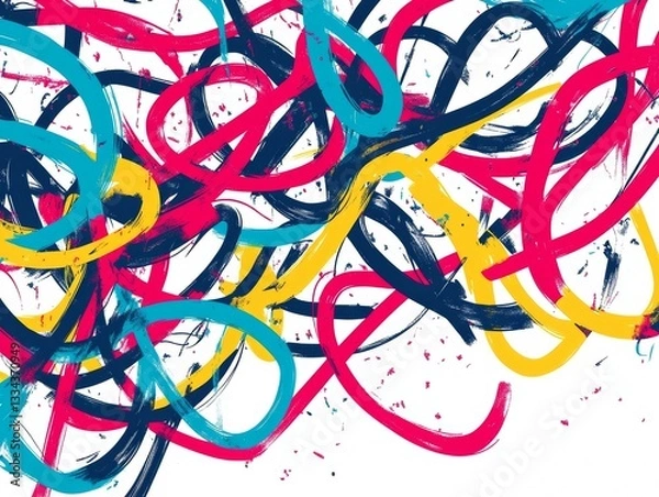 Fototapeta A Vivid and Energetic Abstract Painting Featuring Thick Brushstrokes of Pink, Blue, Yellow and Black Colors on a Clean White Canvas Backdrop