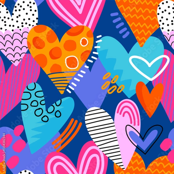 Obraz Abstract seamless chaotic pattern with colorful hearts.  Cool funny background. Wallpaper for girl.