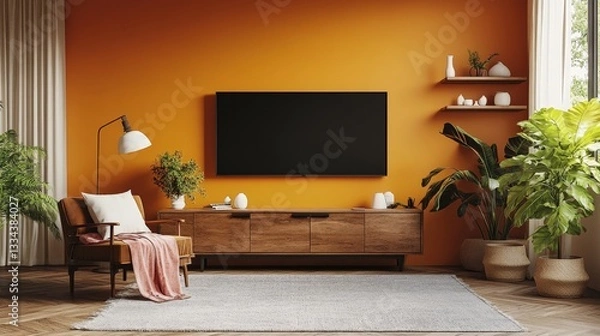 Fototapeta Cozy living room with warm orange walls, a large TV, and lush greenery. A stylish, inviting space with layered textures and soft light