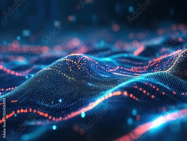 Fototapeta Abstract digital waves with glowing particles flowing