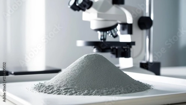 Fototapeta Scientist Conducting Analysis Of Cement Powder Sample Under Microscope In Laboratory. Gray Granular Concrete Material On Tray For Scientific Research, Construction Quality Control, Engineering Tests.