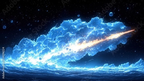 Fototapeta Stunning Cosmic Clouds with Bright Comet Shooting Through Starry Night Sky in Deep Space