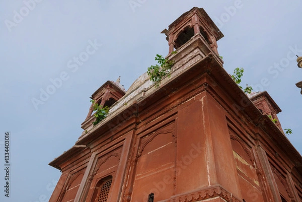 Fototapeta An ancient red sandstone structure in Varanasi, India, featuring domes, arched panels, and intricate carvings with greenery growing on it.