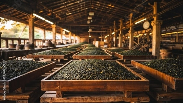 Fototapeta Tea leaves drying on wooden trays inside factory building