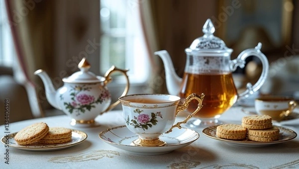 Fototapeta Elegant tea set with cookies and floral teapots
