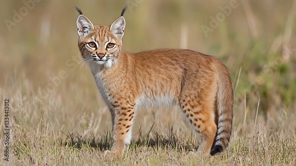 Obraz Bobcat kitten standing in tall grass.