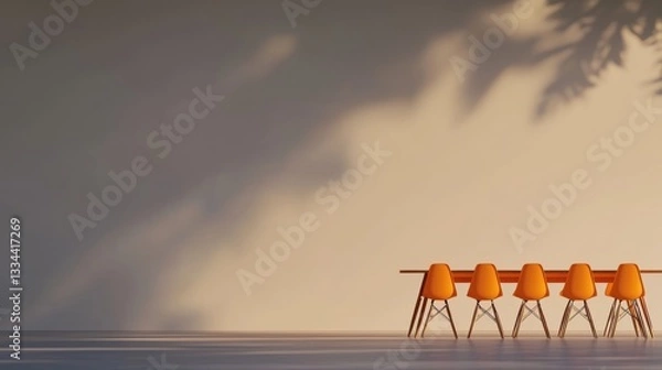 Obraz A modern dining room with a long table and orange chairs.