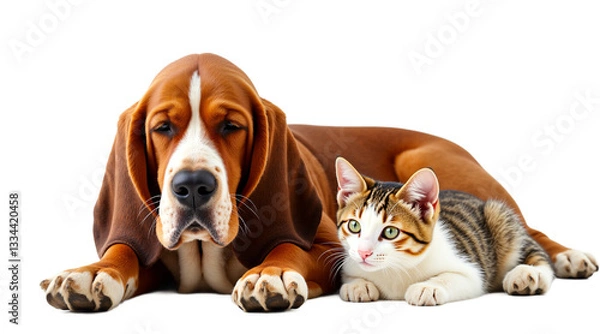 Fototapeta Basset hound puppy and tabby cat, friendship, isolated on transparent background. Calm, affectionate pets for heartwarming designs, animal care, and pet adoption themes.