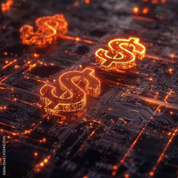 Obraz Glowing Dollar Symbols on Circuit Board Design for Financial Technology