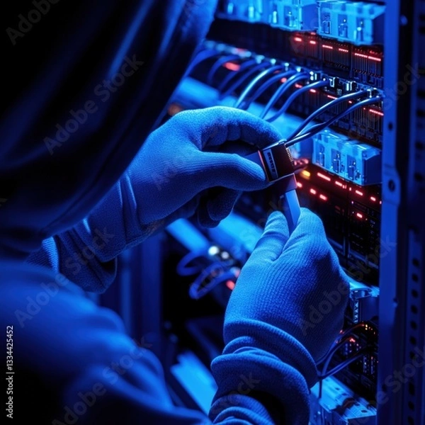 Obraz Technician Working on Server Rack in Blue LED Lighting Environment