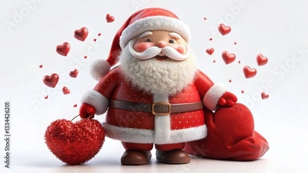 Obraz Cute 3D Rendered Santa Claus with Tiny Heart Bag - Holiday Stock Photo