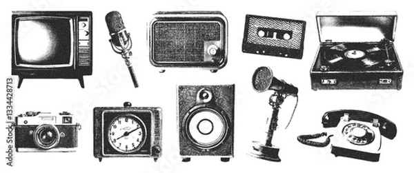 Obraz Retro collage photocopy elements a film camera, a vintage clock, radio, a microphone, antique telephone, record player, old TV. Vector illustration.
