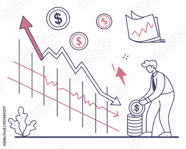 Fototapeta Stock Market Chart with Decline and Investment Concept. Vector illustration showing a stock market graph with falling and rising arrows, dollar coins, financial charts.