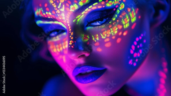 Fototapeta Woman with neon UV makeup and colorful face patterns, glowing softly; abstract artistry blending light and identity.