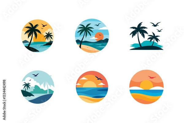 Fototapeta sea beach palm trees with flying bird vector