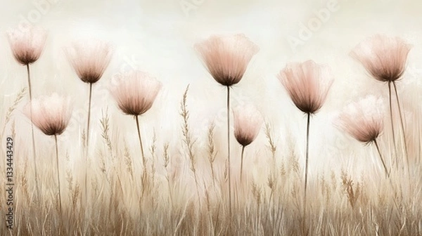Obraz Artistic floral arrangement with soft pink flowers and tall grass in a muted palette