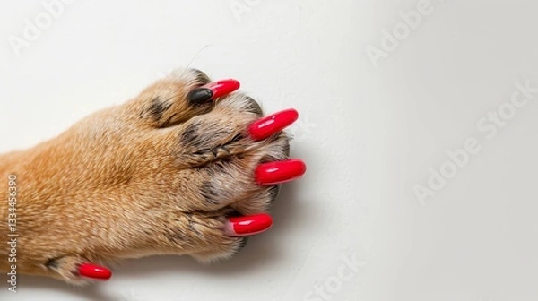 Fototapeta Close up of a pampered dog paw featuring bright red nail polish on the claws against a clean white background