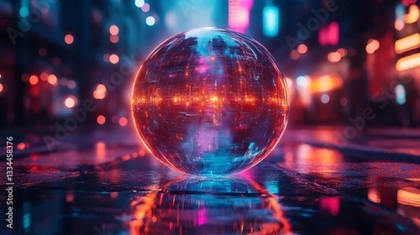 Fototapeta Vibrant orb reflecting neon lights in a city street at night creating an otherworldly atmosphere