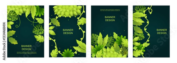 Fototapeta Tropical leaves. Green abstract design. Set of templates for spring banners, cards, posters, covers. Vector illustration
