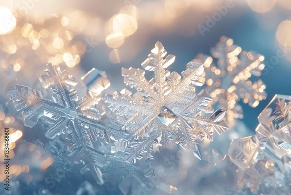 Fototapeta Close-up of intricate ice snowflakes with sparkling highlights, reflecting a wintery aesthetic with bokeh effects in the background, capturing frozen water crystals