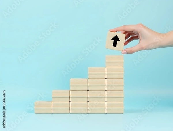 Fototapeta Minimalist photo of wooden blocks arranged as a staircase with black arrows pointing upward. A hand places the final block, symbolizing growth, progress, and achievement.