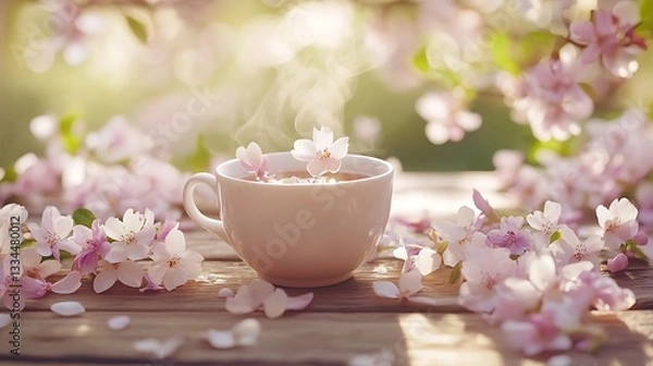Fototapeta Tranquil Moment with Tea and Cherry Blossoms on a Wooden Surface in Soft Sunlight Dappled Ambiance