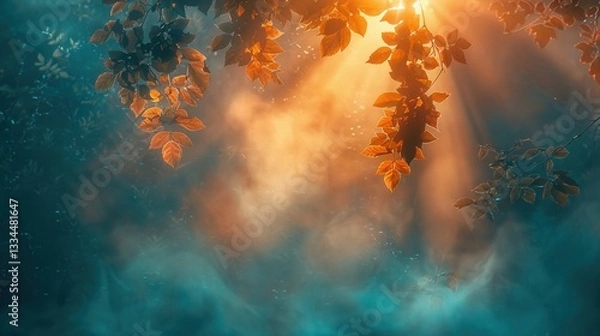 Fototapeta Enchanted Forest Sunrise with Tyndall Effect - Natural Light Visualization for Wellness Content