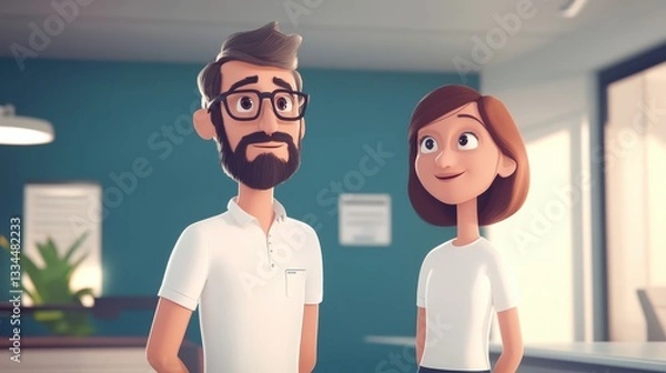 Obraz Engaging Animated Characters in a Modern Office Setting for Explainer Videos with Clear Messaging and Simple Visuals in a 2D Style