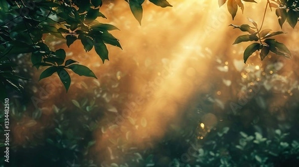 Fototapeta Enchanted Forest Sunrise with Tyndall Effect - Natural Light Visualization for Wellness Content
