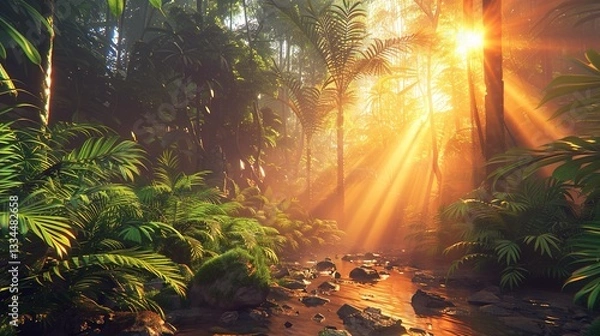 Fototapeta Enchanted Forest Sunrise with Tyndall Effect - Natural Light Visualization for Wellness Content