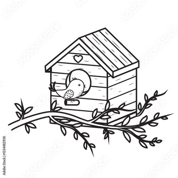 Obraz Birdhouse on a branch with a doodle bird, outline, coloring