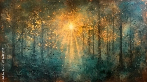 Fototapeta Enchanted Forest Sunrise with Tyndall Effect - Natural Light Visualization for Wellness Content