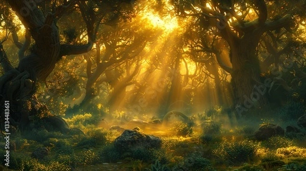 Fototapeta Enchanted Forest Sunrise with Tyndall Effect - Natural Light Visualization for Wellness Content
