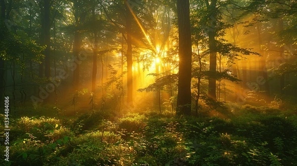 Fototapeta Enchanted Forest Sunrise with Tyndall Effect - Natural Light Visualization for Wellness Content