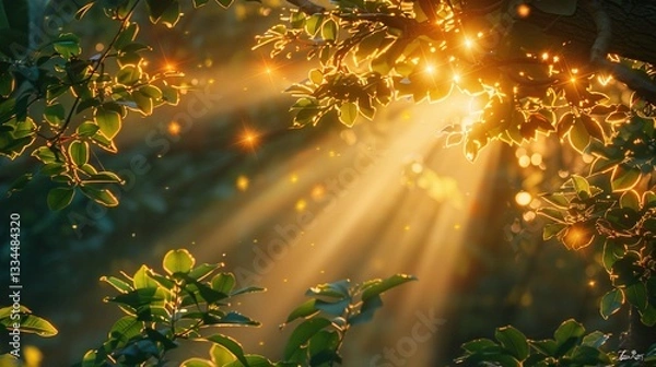 Fototapeta Enchanted Forest Sunrise with Tyndall Effect - Natural Light Visualization for Wellness Content