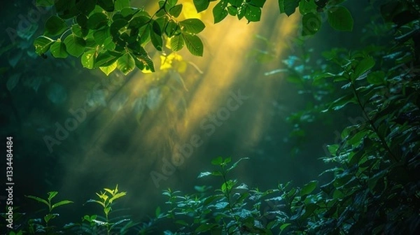 Fototapeta Enchanted Forest Sunrise with Tyndall Effect - Natural Light Visualization for Wellness Content