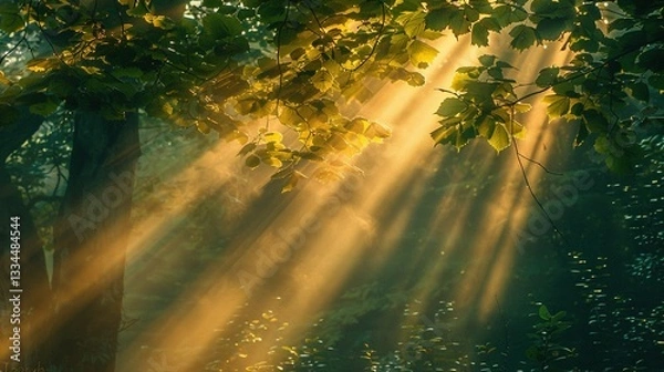 Fototapeta Enchanted Forest Sunrise with Tyndall Effect - Natural Light Visualization for Wellness Content