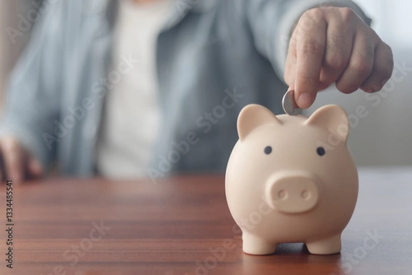 Obraz Man putting coins in piggy bank and taking notes in notebook money saving concept business