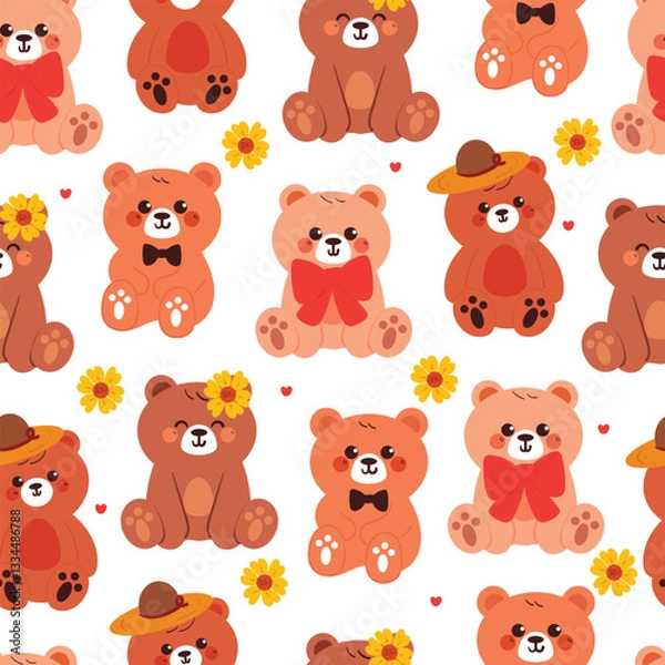 Fototapeta seamless pattern cute cartoon bear sitting wearing hat and bow with sun flower around. cute animal pattern for wallpaper, background and gift wrap paper