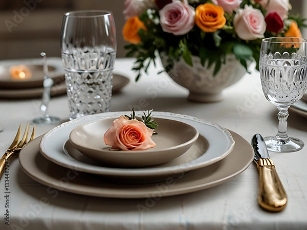 Fototapeta Beautiful table setting with crockery and flowers for a party, wedding reception or other festive event