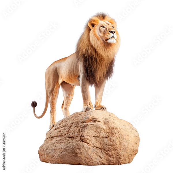 Fototapeta Lion standing majestically on a rock, white isolated background.