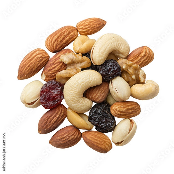 Fototapeta Mixed nuts and dried fruits on a white isolate background.