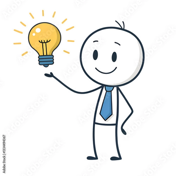 Obraz Stick figure businessman presenting a bright idea with a lightbulb on a black background png